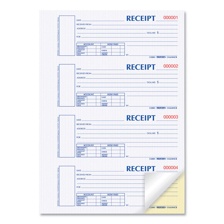 Durable Hardcover Numbered Money Receipt Book, Two-Part Carbonless, 6.88 x 2.75, 4 Forms/Sheet, 300 Forms Total