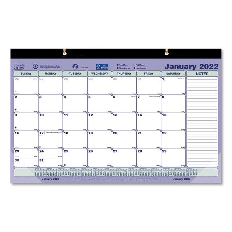 Monthly Desk Pad Calendar, 17.75 x 10.88, White/Blue/Green Sheets, Black Binding, Clear Corners, 12-Month (Jan to Dec): 2025