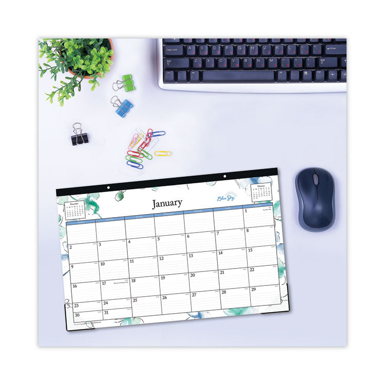 Lindley Desk Pad, Floral Artwork, 17 x 11, White/Blue/Green Sheets, Black Binding, Clear Corners, 12-Month (Jan to Dec): 2025