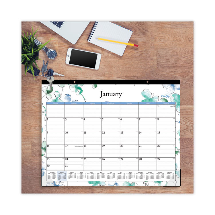 Lindley Desk Pad, Floral Artwork, 22 x 17, White/Blue/Green Sheets, Black Binding, Clear Corners, 12-Month (Jan to Dec): 2025