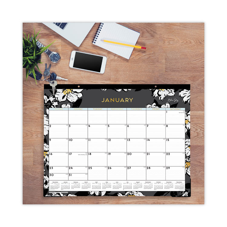 Baccara Dark Desk Pad, Floral Artwork, 22 x 17, White/Black/Gold Sheets, Black Binding, 12-Month (Jan to Dec): 2025