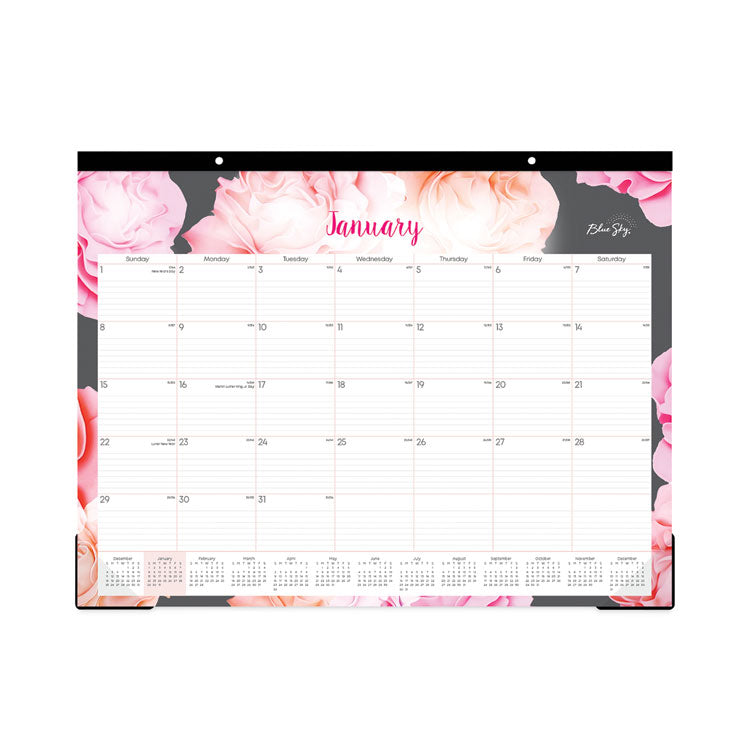 Joselyn Desk Pad, Rose Artwork, 22 x 17, White/Pink/Peach Sheets, Black Binding, Clear Corners, 12-Month (Jan to Dec): 2025