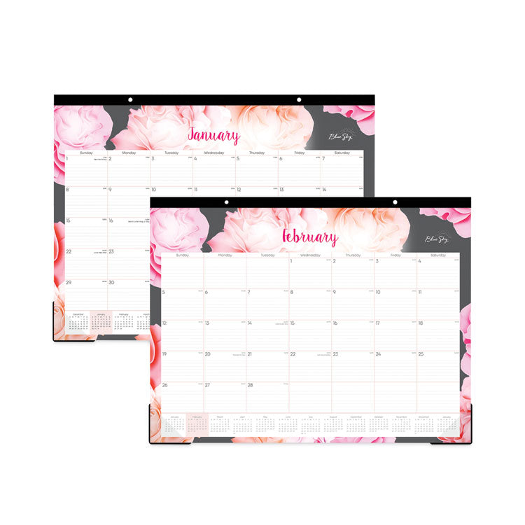 Joselyn Desk Pad, Rose Artwork, 22 x 17, White/Pink/Peach Sheets, Black Binding, Clear Corners, 12-Month (Jan to Dec): 2025