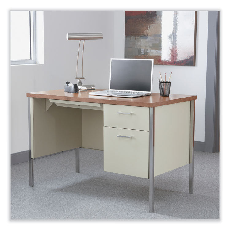 Single Pedestal Steel Desk, 45.25" x 24" x 29.5", Cherry/Putty, Chrome-Plated Legs