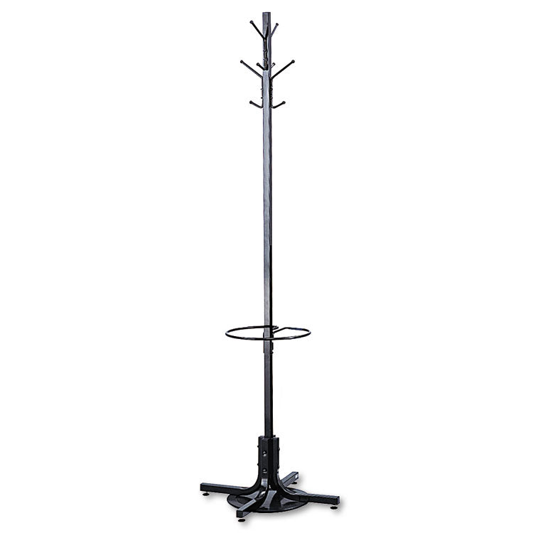 Metal Costumer with Umbrella Holder, Four Ball-Tipped Double-Hooks, 21w x 21d x 70h, Black