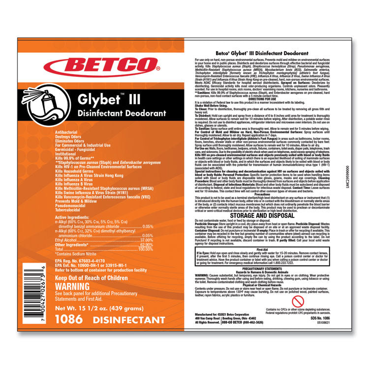 Glybet Iii Disinfectant, Citrus Bouquet Scent, 15.5 Oz Aerosol Spray, 12/carton