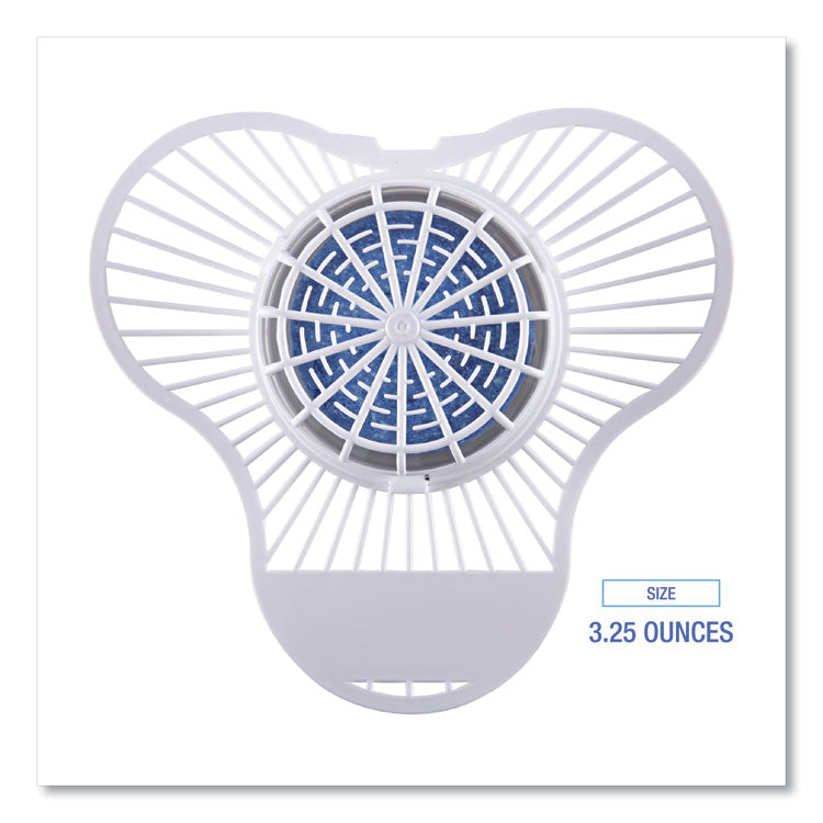 Urinal Screen with Non-Para Deodorizer Block, Green Apple Scent, 3.25 oz, Blue/White, 12/Box