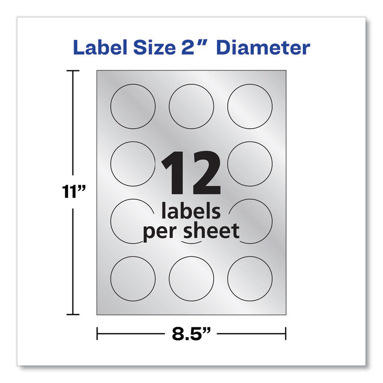 Round Labels, Inkjet Printers, 2" dia, Silver, 12/Sheet, 8 Sheets/Pack