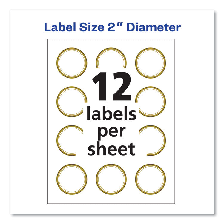 Round Labels, 2" dia, White with Gold Border, 12/Sheet, 10 Sheets/Pack