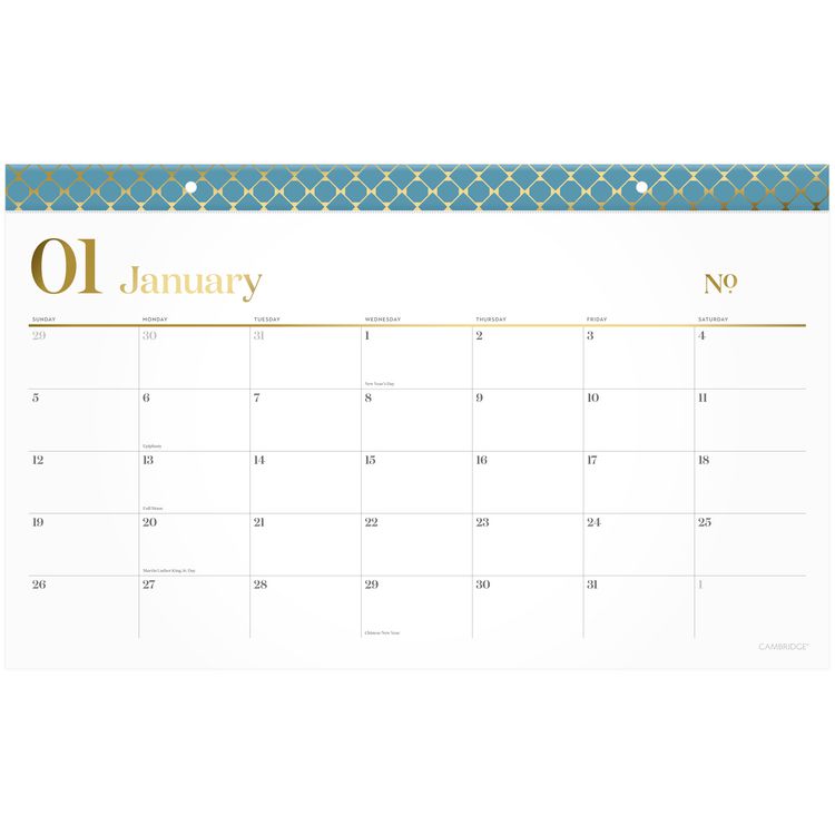 WorkStyle Compact Monthly Desk Pad Calendar, 17.75 x 11, White Sheets, Blue/Gold Headband, 12-Month (Jan to Dec): 2025