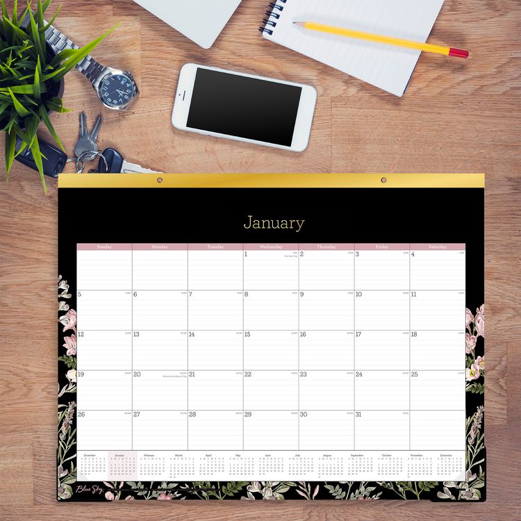 Neveah Monthly Desk Pad Calendar, Floral Artwork, 22" x 17", White/Black/Pink Sheets, Gold Headband, 12-Month (Jan-Dec): 2025
