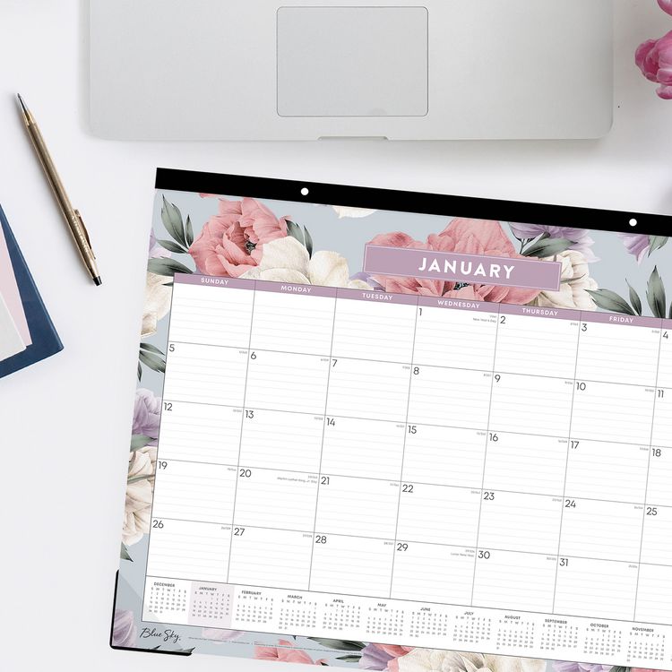 Tula Monthly Desk Pad Calendar, Floral Artwork, 22" x 17", White/Purple/Pink Sheets, Black Headband, 12-Month (Jan-Dec): 2025