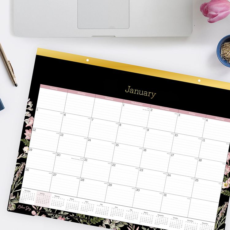 Neveah Monthly Desk Pad Calendar, Floral Artwork, 22" x 17", White/Black/Pink Sheets, Gold Headband, 12-Month (Jan-Dec): 2025