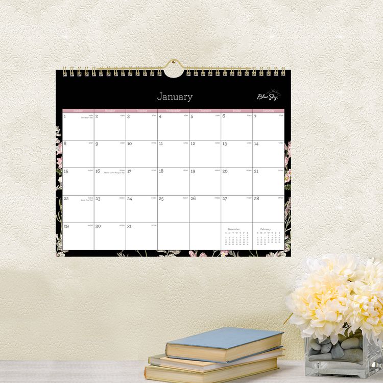 Neveah Monthly Wall Calendar, Floral Artwork, 11" x 8.75", White/Black/Pink Sheets, 12-Month (Jan to Dec): 2025