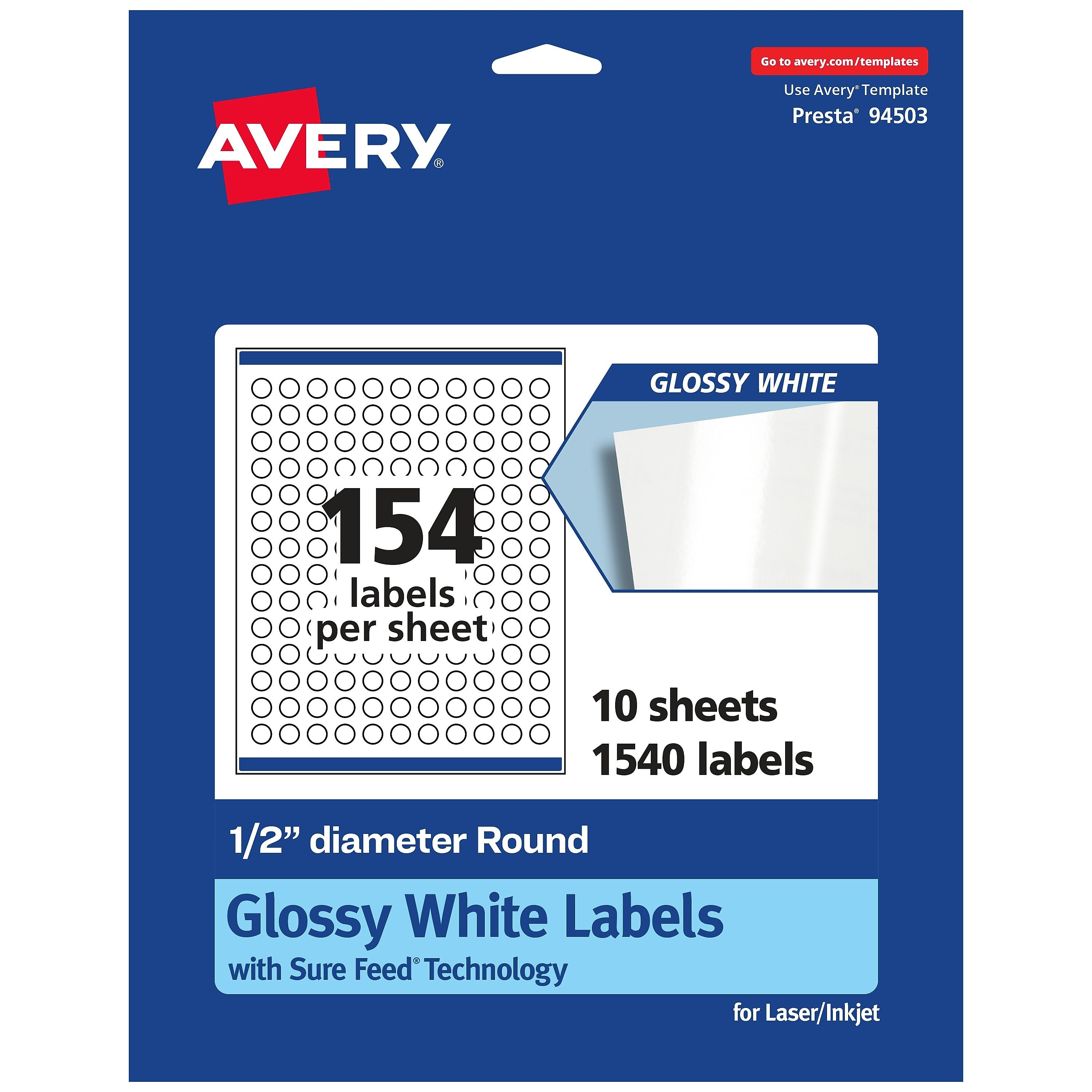 Avery Laser/Inkjet Round Multipurpose Labels, 0.5" Dia., White, 1,540 Labels/Pack  (94503)
