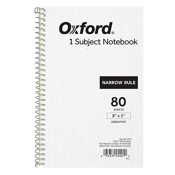 Oxford 1-Subject Notebooks, 5" x 8", Narrow Ruled, 80 Sheets, Gray (25-401R)