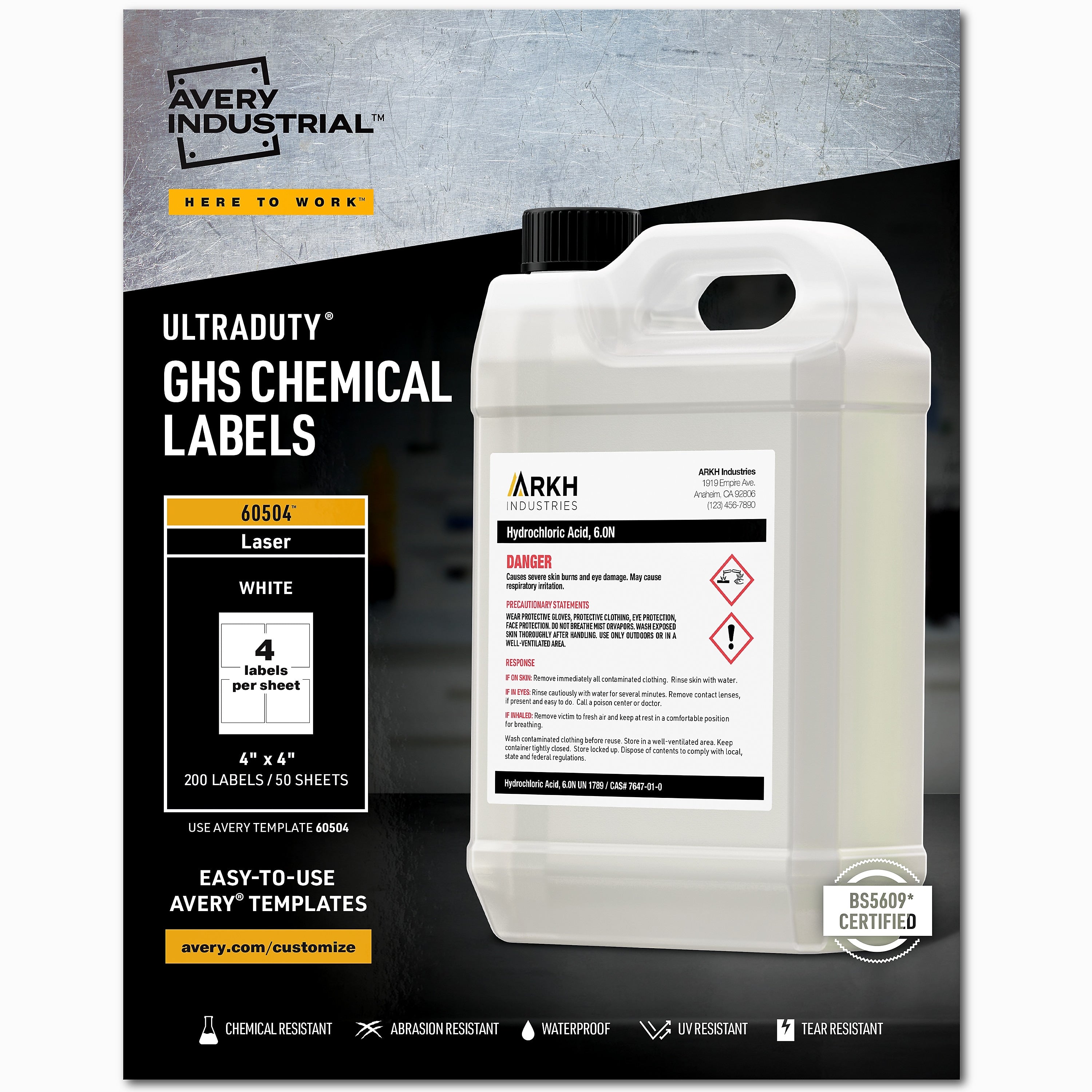 Avery UltraDuty Waterproof Laser GHS Chemical Labels, 4" x 4", White, 200 Labels/Box (60504)