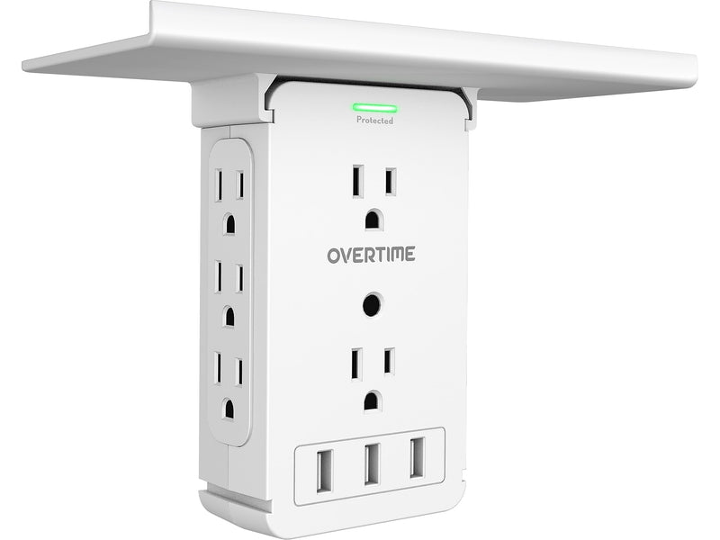 Overtime Wall Outlet Shelf, 8 Outlets and 3 USB Ports, Surge Protector, White (OTWP8O3USB)