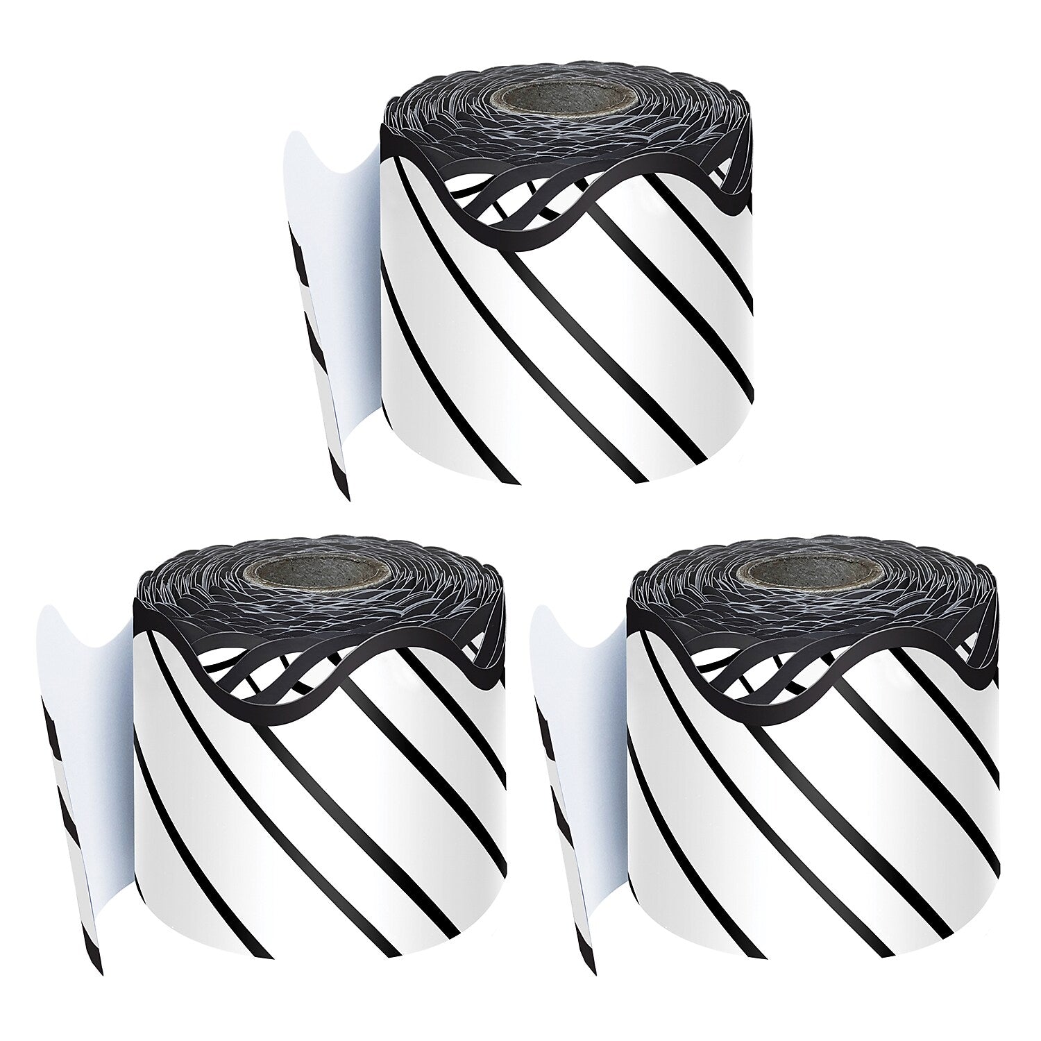 Carson Dellosa Education Kind Vibes Stripes Rolled Scalloped Border, 2.25" x 65', Black/White, 3/Bundle (CD-108484-3)