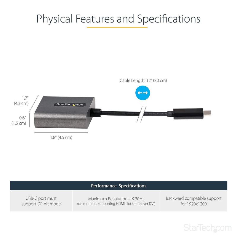 StarTech.com USB-C to DVI Video Adapter, Male to Female, Black, DVI-D, 1920x1200, For DVI-D Display/Monitor/Projector (CDP2DVI)