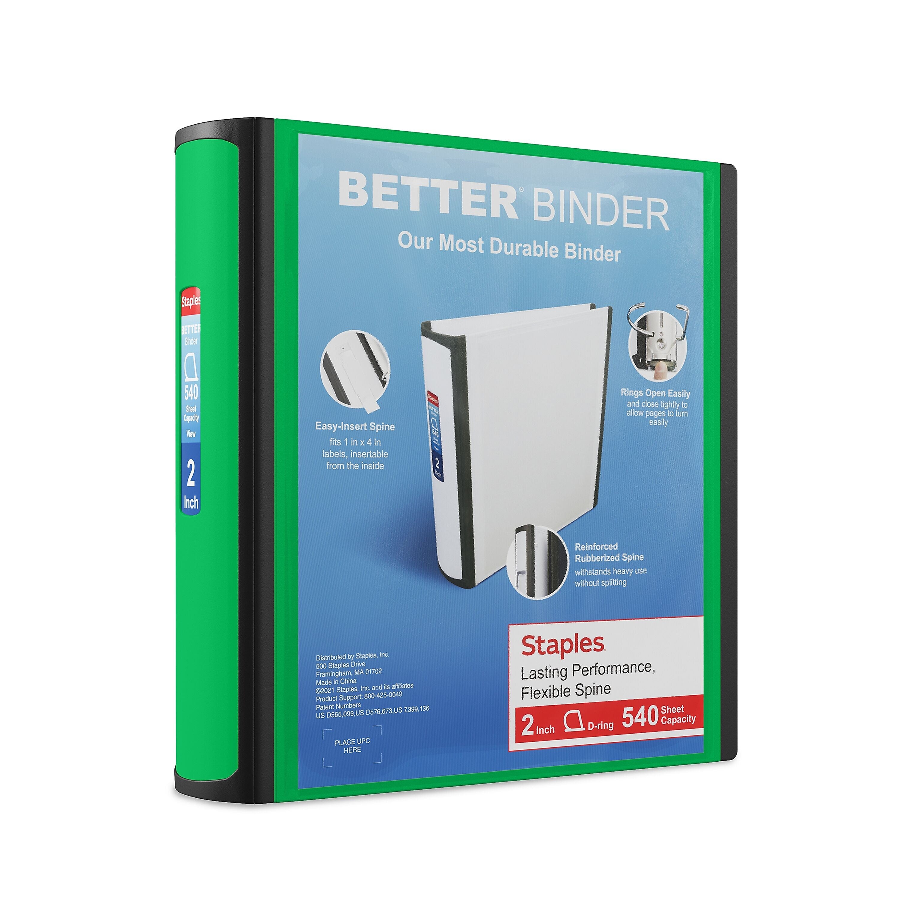 Staples 2" 3-Ring Better Binder, D-Ring, Green (ST55878-CC)