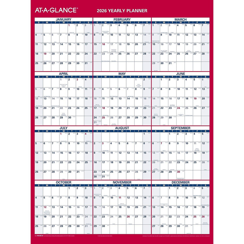 2026 AT-A-GLANCE 16" x 12" Yearly Wet-Erase Wall Calendar, Reversible, White/Red (PM330B-28-26)