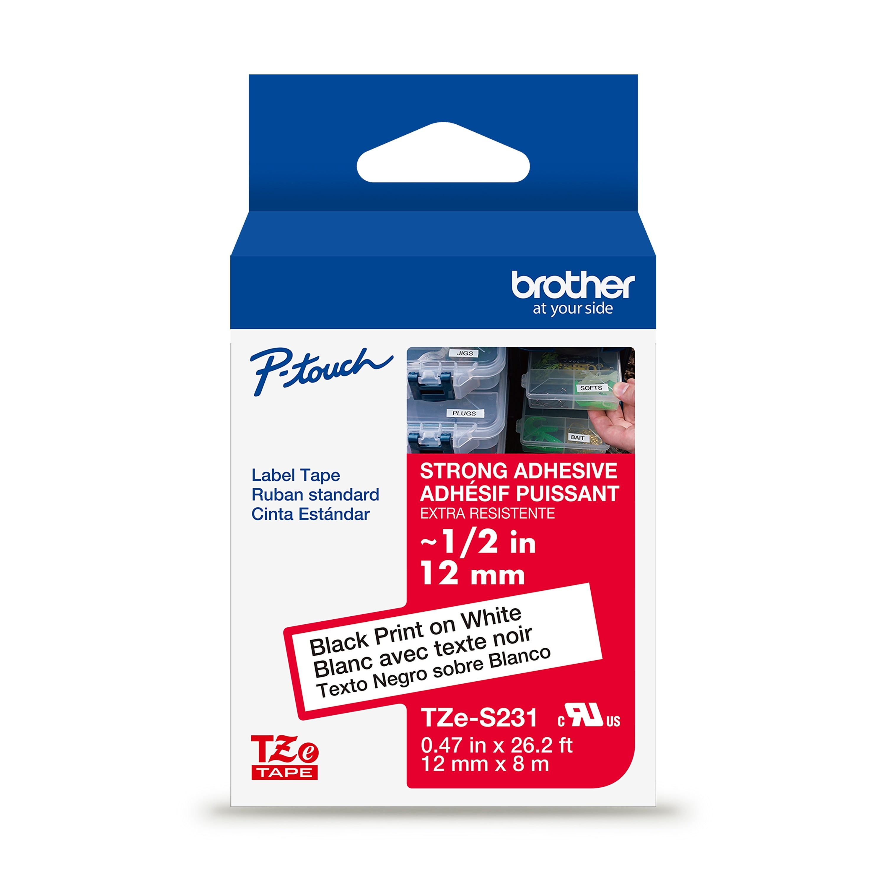 Brother P-touch Strong Adhesive Laminated Label Tape, 1/2" x 26.2', Black on White (TZeS231)