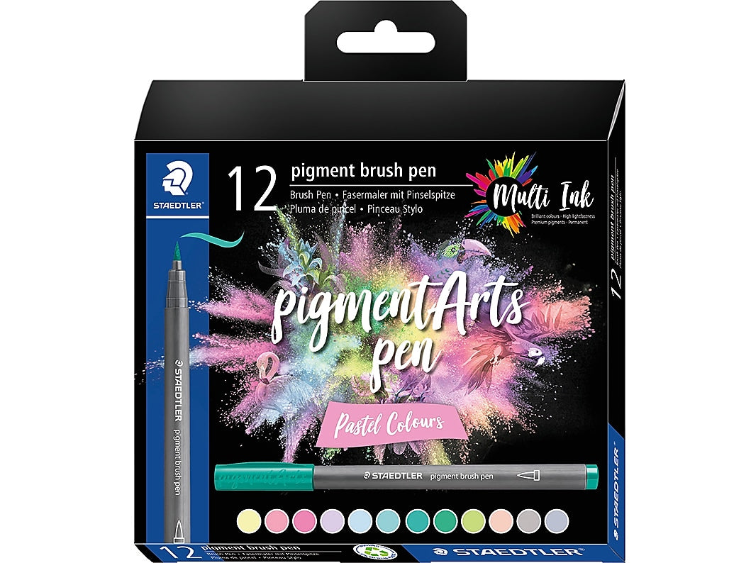 Staedtler Pastel Colours Pigment Brush Pens, Assorted Inks, 12/Pack (371 C12-2 10 35)