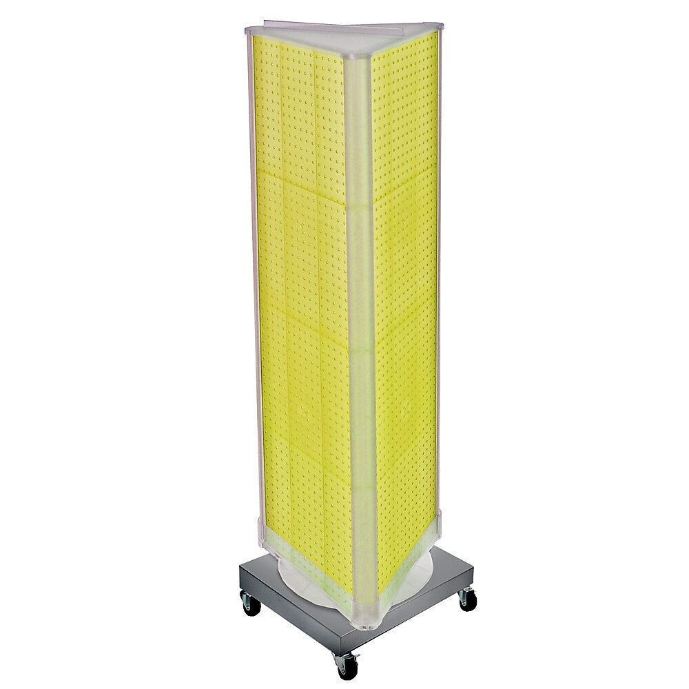 Azar Displays 60”H x16”W Three-Sided Revolving Pegboard Tower Floor Display on Wheeled Metal Base, Yellow (700452-YEL)
