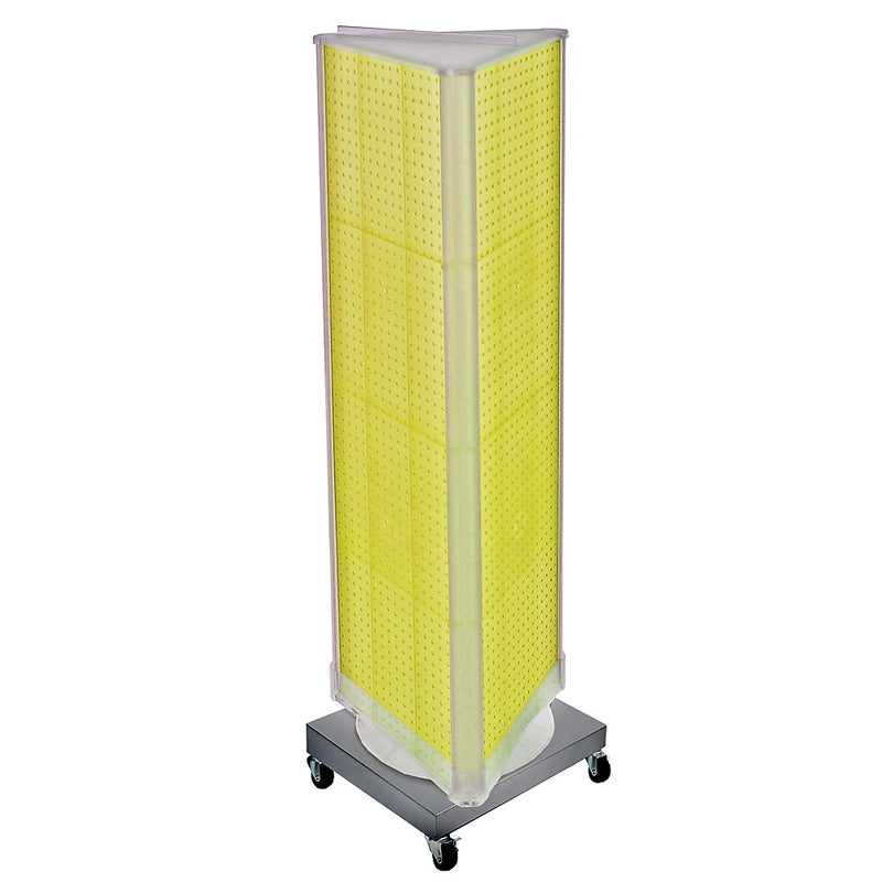 Azar Displays 60”H x16”W Three-Sided Revolving Pegboard Tower Floor Display on Wheeled Metal Base, Yellow (700452-YEL)