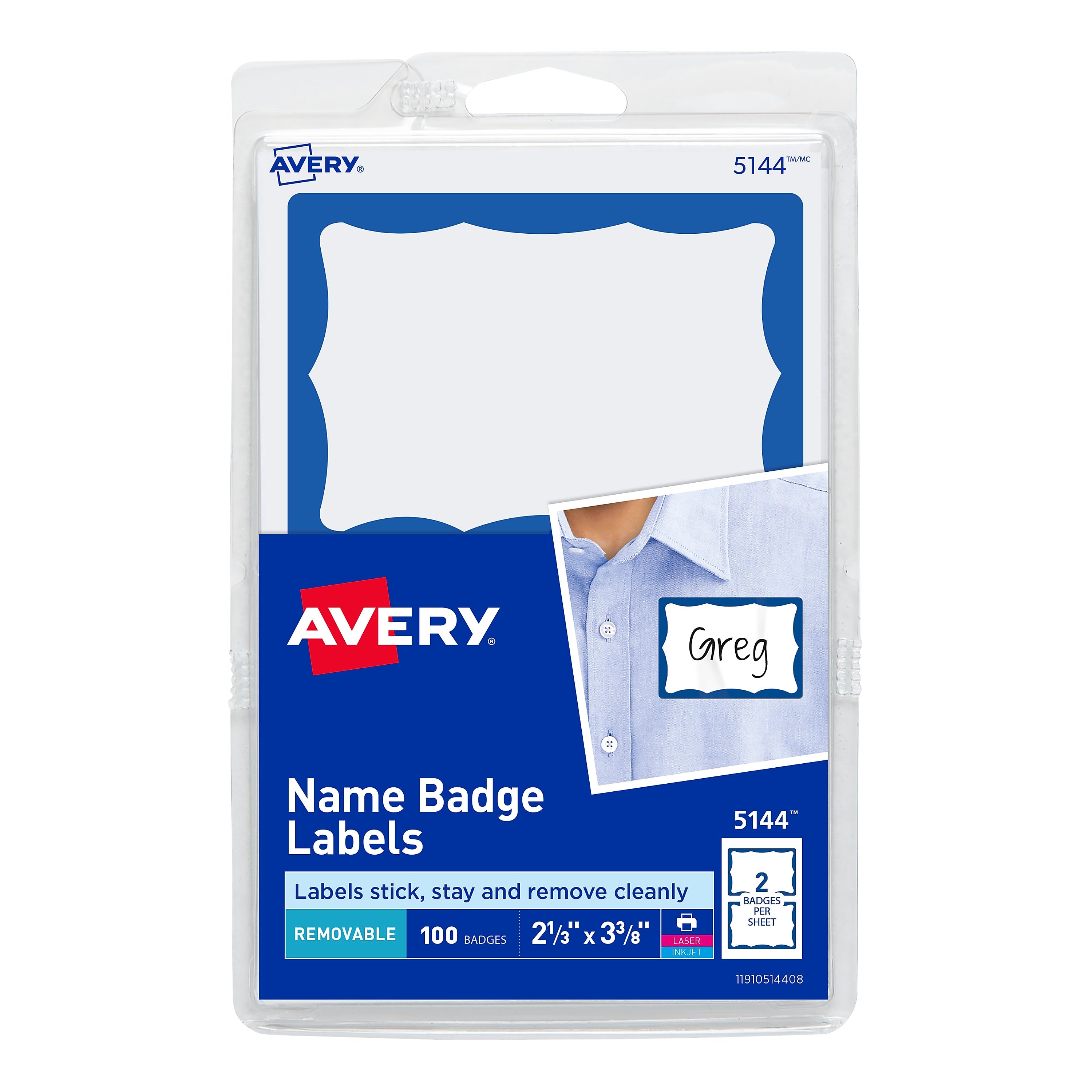 Avery Adhesive Laser/Inkjet Name Badge Labels, 2 1/3" x 3 3/8", White with Blue Border, 100 Labels Per Pack (5144)