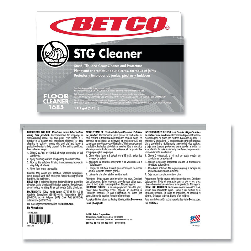 Betco Stone, Tile, Grout Cleaner and Protectant, Pleasant Scent, 1 Gal. Bottle, 4/Carton (BET16850400)
