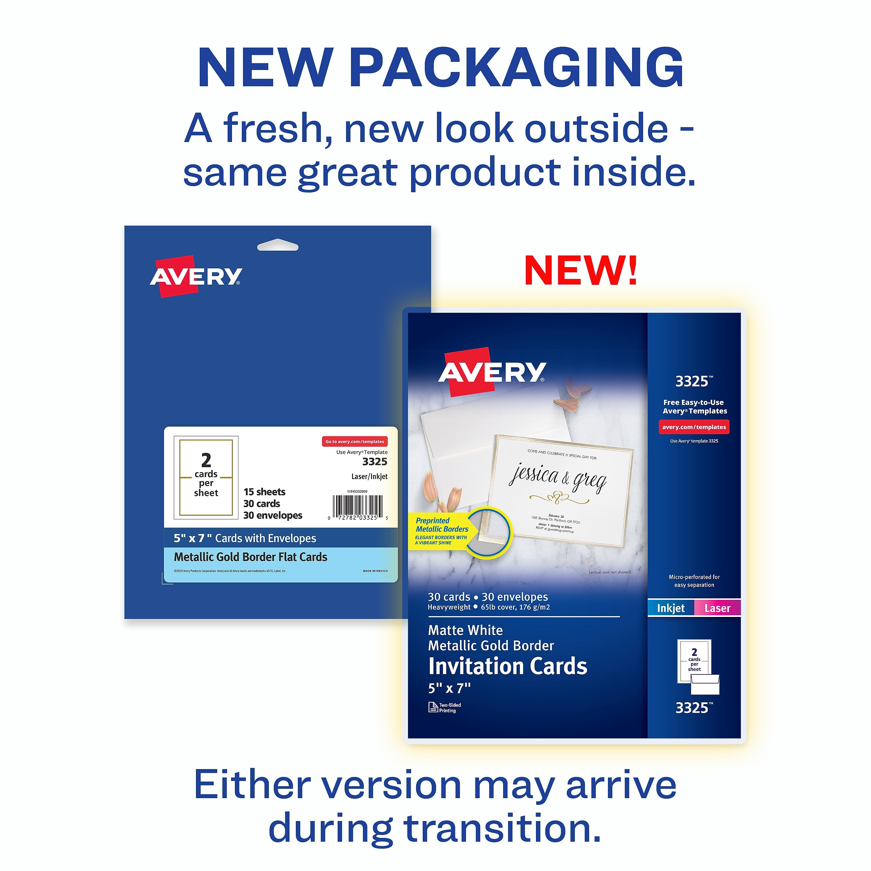 Avery Laser/Inkjet Invitation Cards, 5" x 7", White/Gold, 30 Cards & Envelopes/Pack (3325)