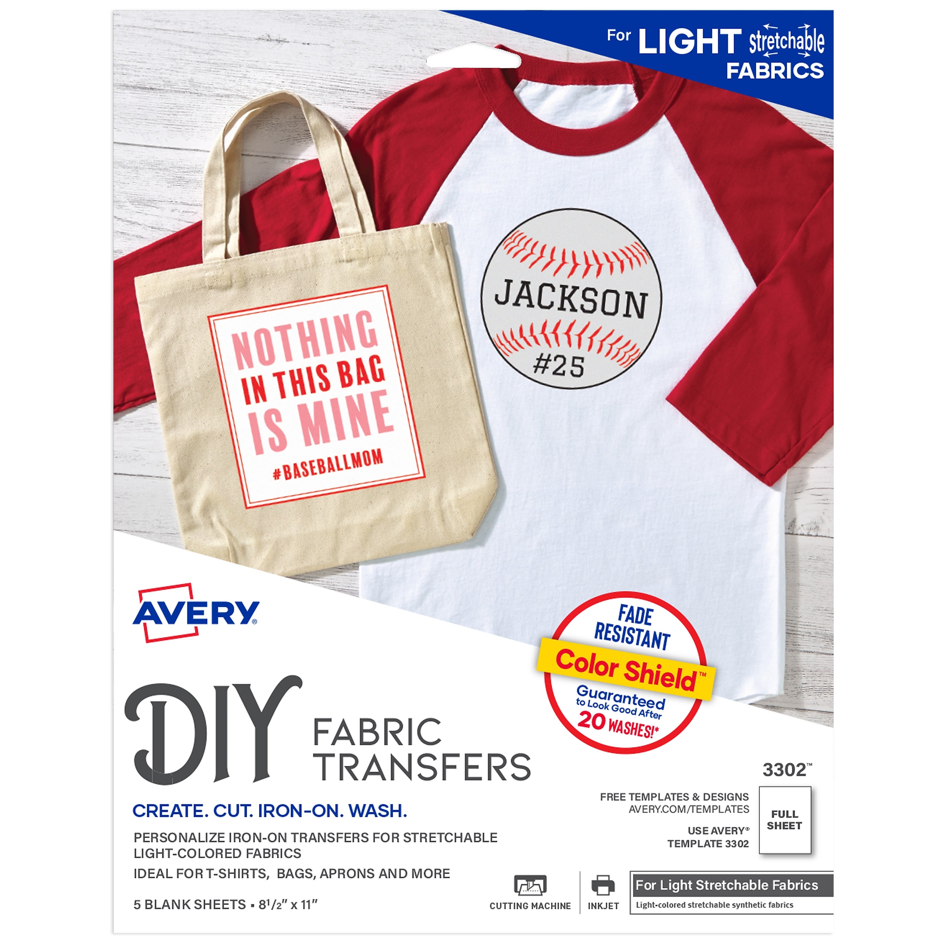 Avery Stretchable Heat Iron On Transfer Paper for Light Fabrics, 8.5" x 11" (3302)
