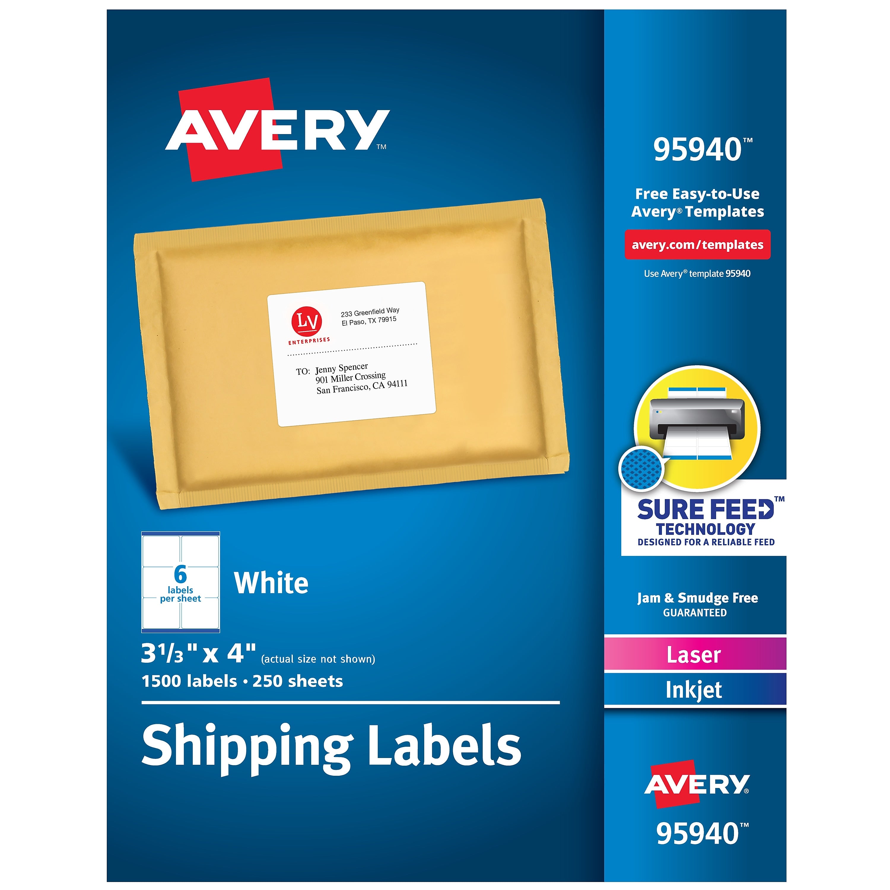 Avery Sure Feed Laser/Inkjet Shipping Labels, 3-1/3" x 4", White, 1,500 Labels/Box (95940)