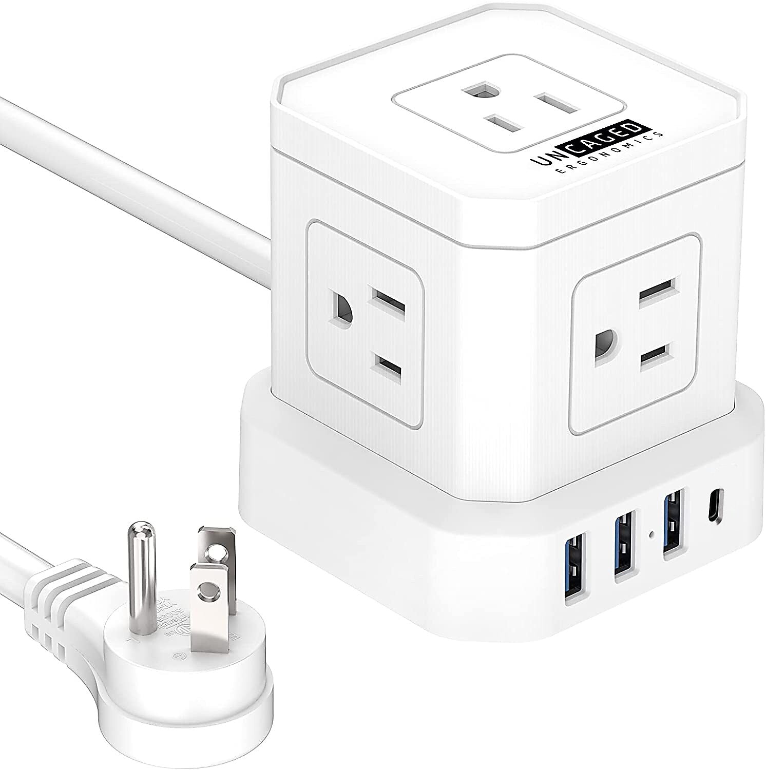 Uncaged Ergonomics Cube 5-Outlet 4-USB Port Surge Protector, 10', White (PC-w-c)