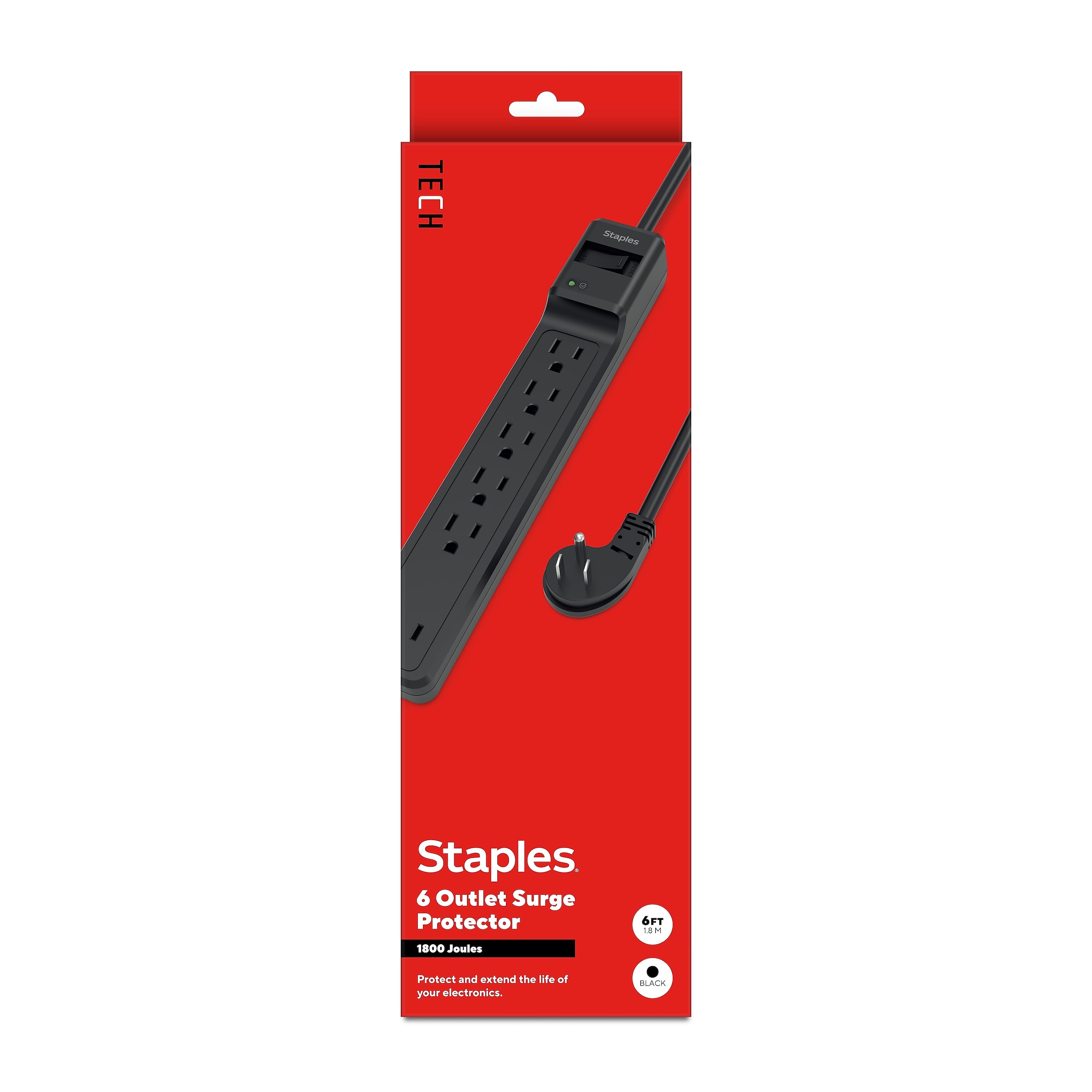 Staples TECH 6-Outlet Surge Protector, 6', 1800 Joules, Black (ST62779)