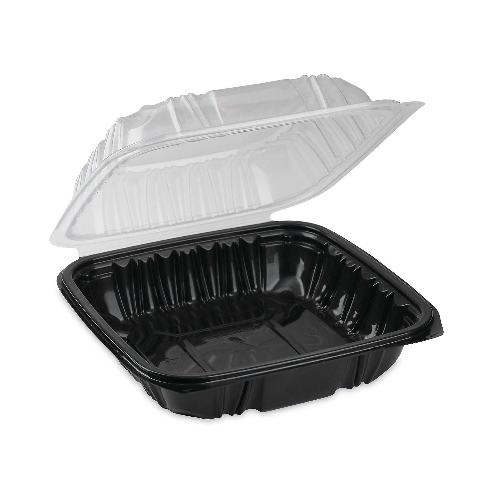 Pactiv Evergreen EarthChoice Vented Dual Color Microwavable Hinged Lid Container, 28oz, Black/Clear, Plastic, 150/CT