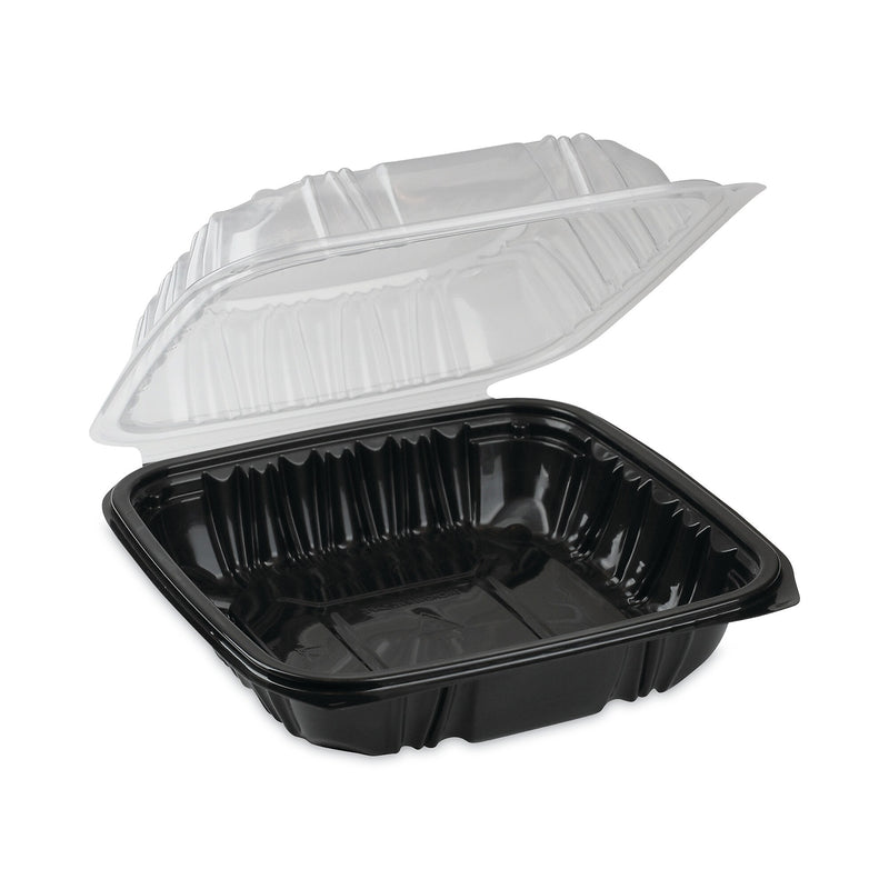 Pactiv Evergreen EarthChoice Vented Dual Color Microwavable Hinged Lid Container, 28oz, Black/Clear, Plastic, 150/CT