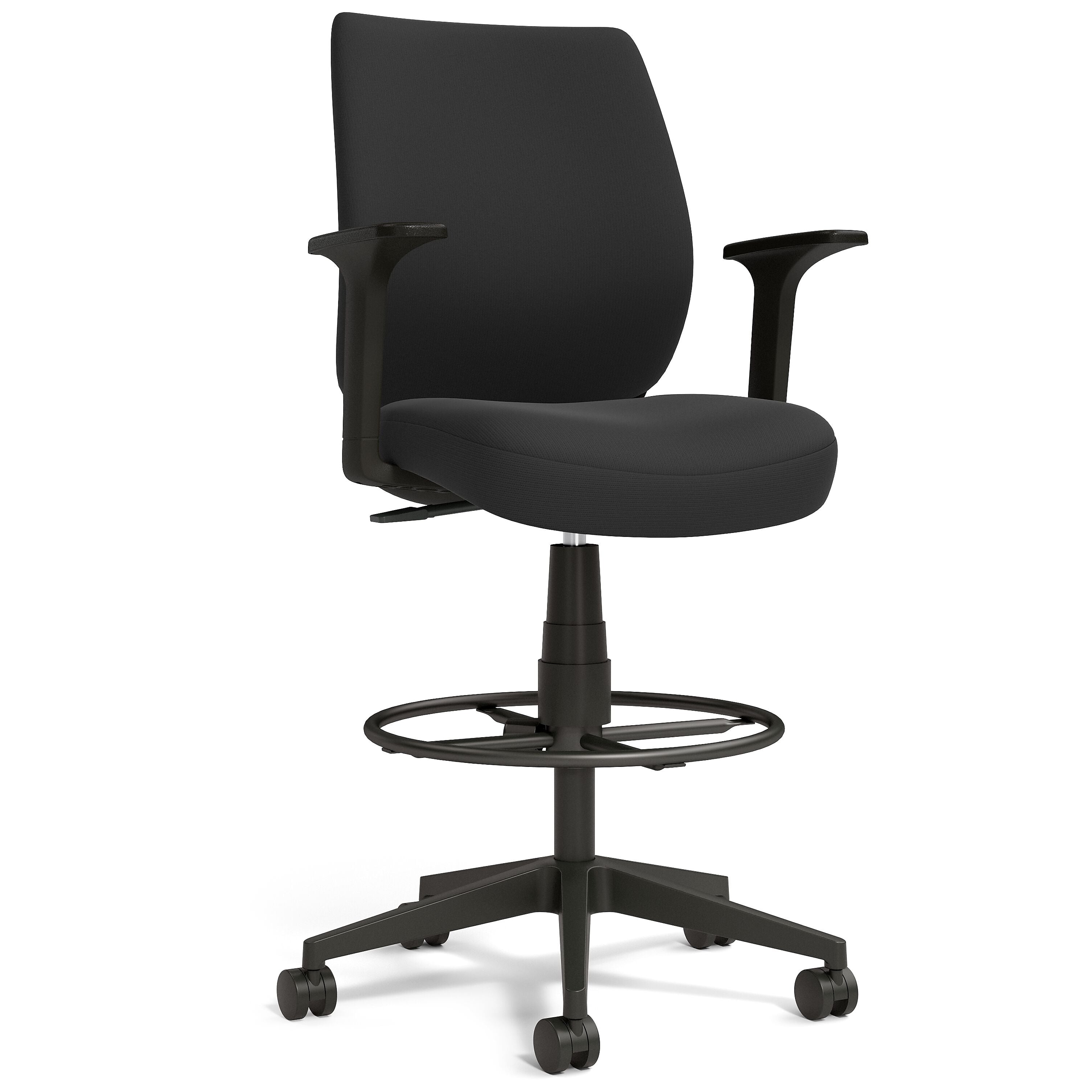 Staples Essentials Fabric Drafting Stool with Backrest and Footrest, Black (UN59388)