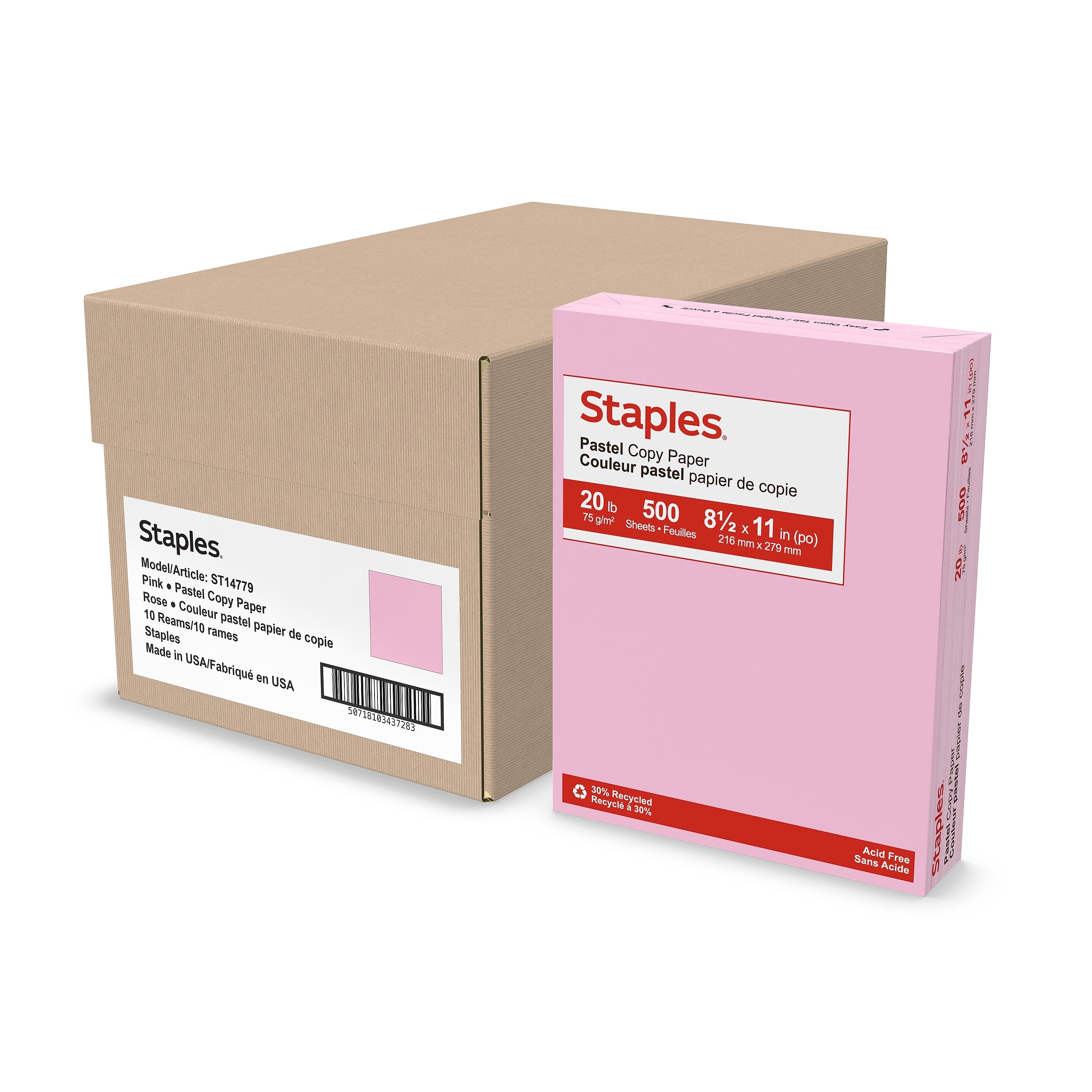 Staples Pastel 30% Recycled Color Copy Paper, 20 Lbs., 8.5" x 11", Pink, 5000/Carton (14779-AA)