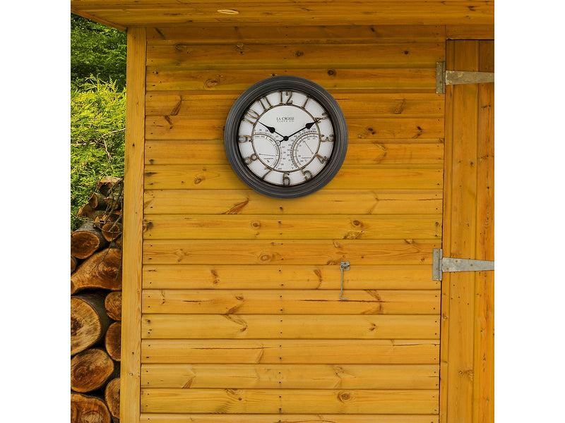 La Crosse Technology Indoor/Outdoor Silent Analog Quartz Wall Clock with Thermometer and Hygrometer, 19.7"Dia. (404-4450)