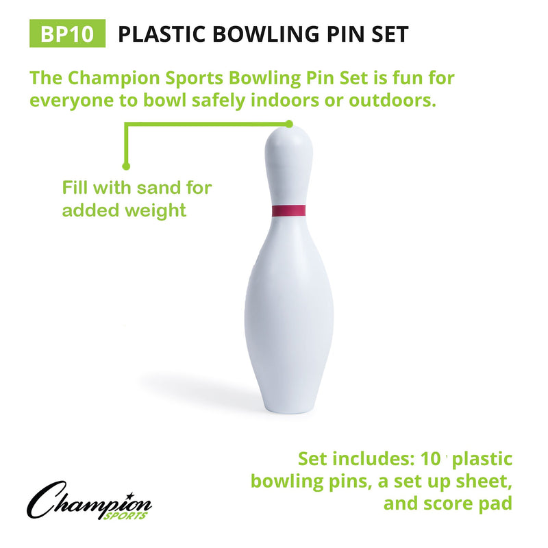 Champion Sports Plastic Bowling Pin Set, Red/White, 10/Set (CHSBP10)