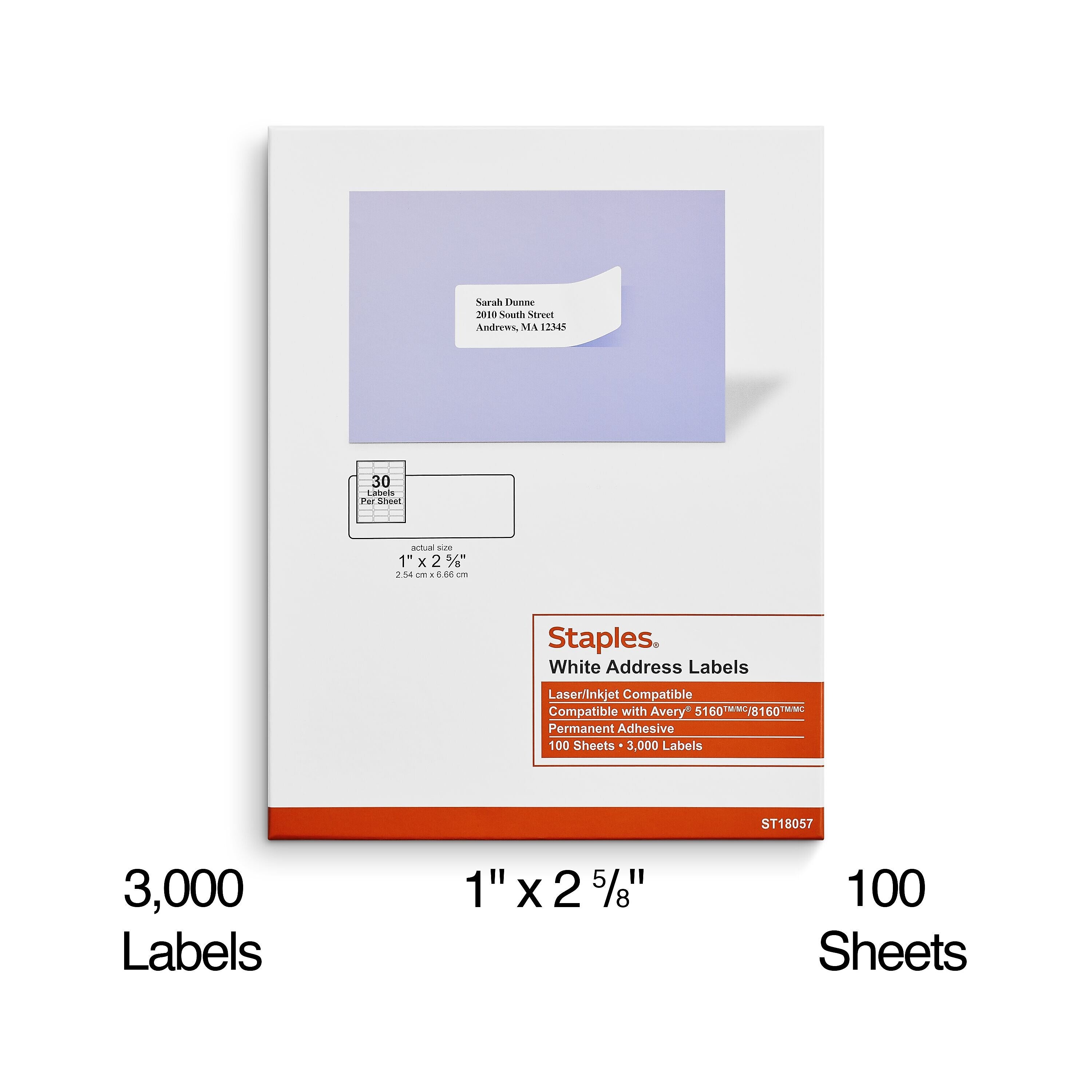 Staples Laser/Inkjet Address Labels, 1" x 2-5/8", White, 30 Labels/Sheet, 100 Sheets/Pack (ST18057-CC)