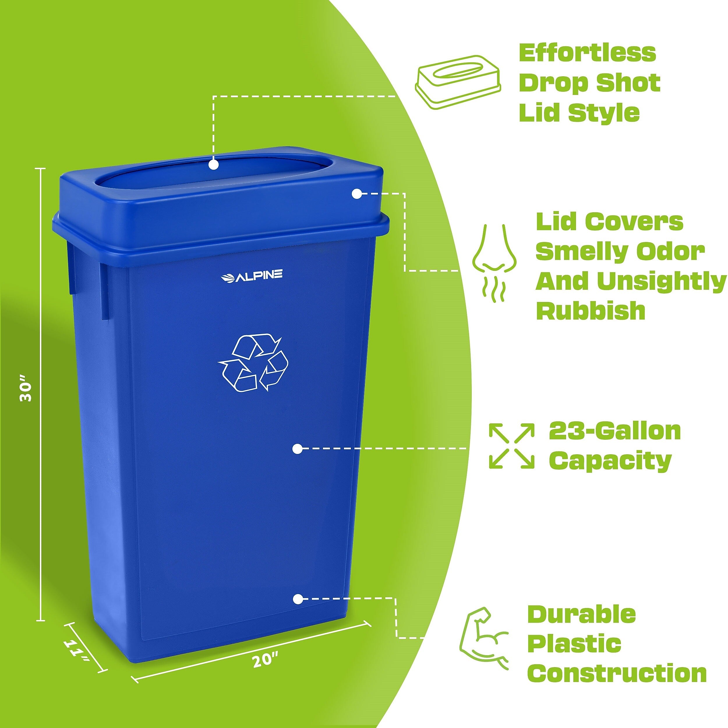 Alpine Industries Polypropylene Recycling Bin with Lid and Dolly, 23 Gallon, Blue (ALP477-BLU3-PKD)