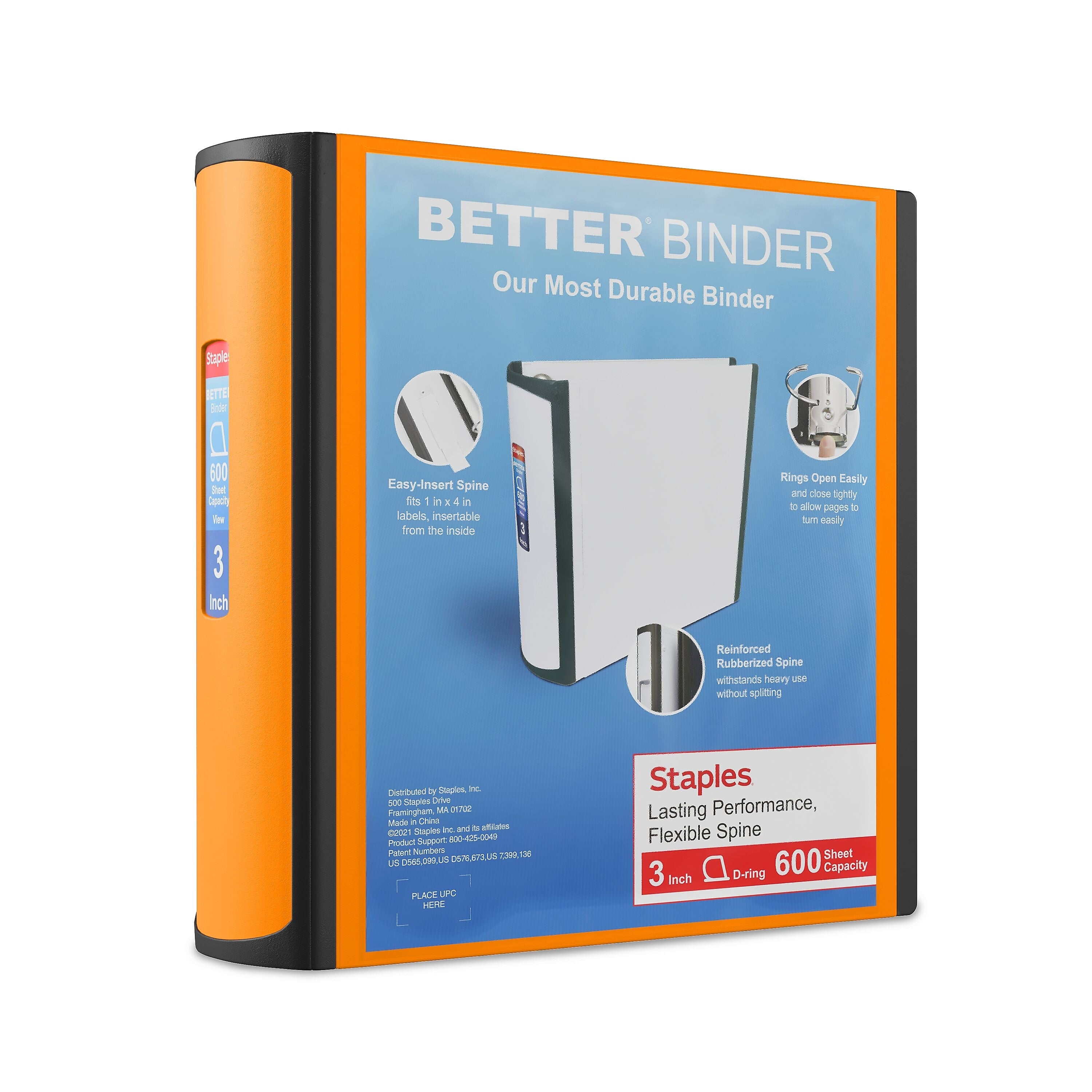 Staples 3" 3-Ring Better Binder, D-Ring, Orange (ST55892-CC)