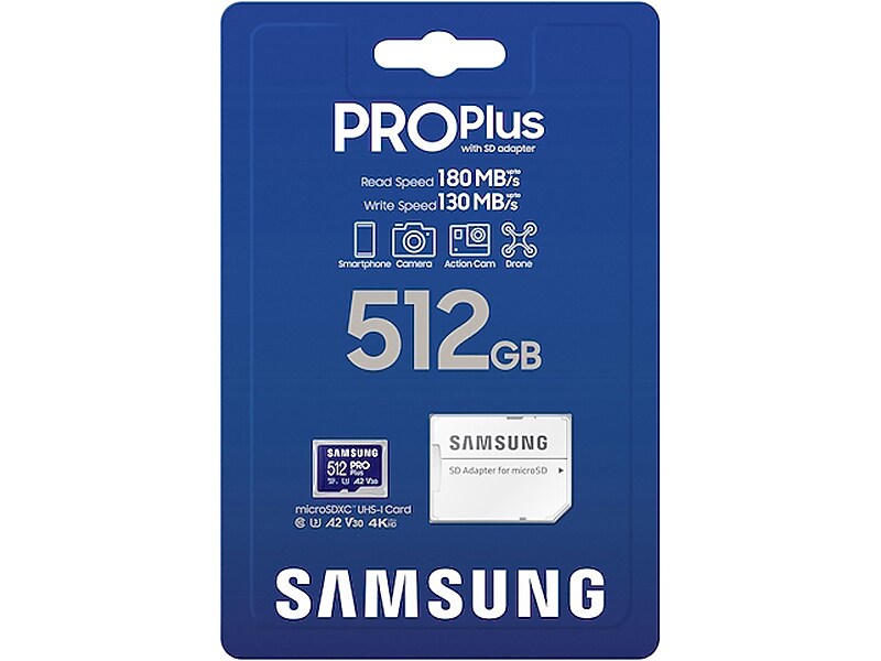 Samsung PRO Plus 512GB microSDXC Memory Card with Adapter, Class 10, UHS-I, V30 (MB-MD512SA/AM)