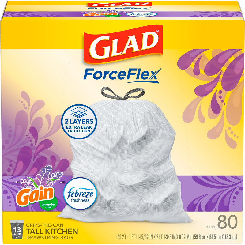 Glad ForceFlex Tall Kitchen Drawstring Trash Bags, 13 Gallon, Gain Lavender with Febreze Freshness, 80 Count (78533)