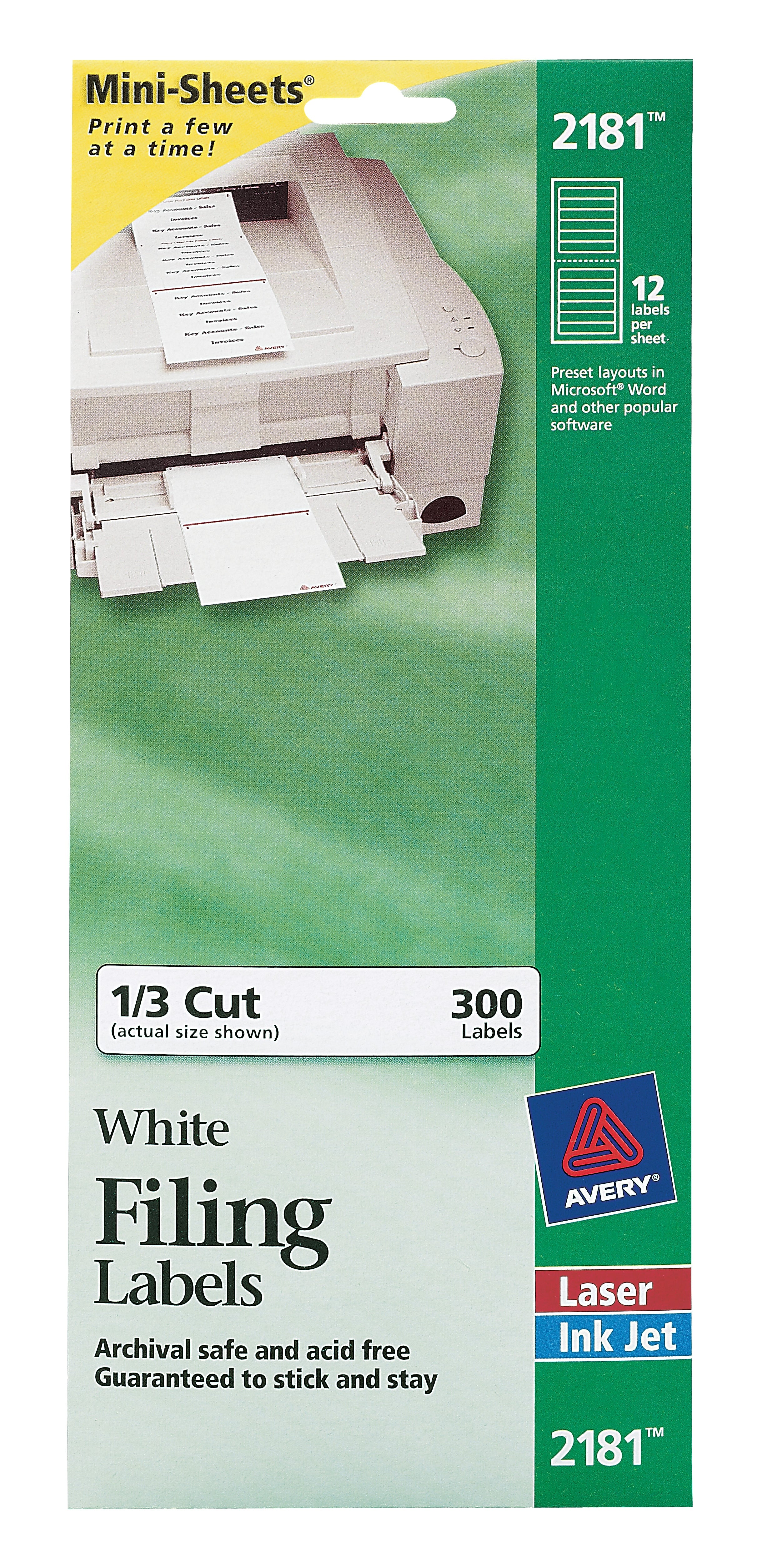 Avery Mini-Sheets Laser/Inkjet File Folder Labels, 2/3" x 3-7/16", White, 300 Labels/Pack (2181)