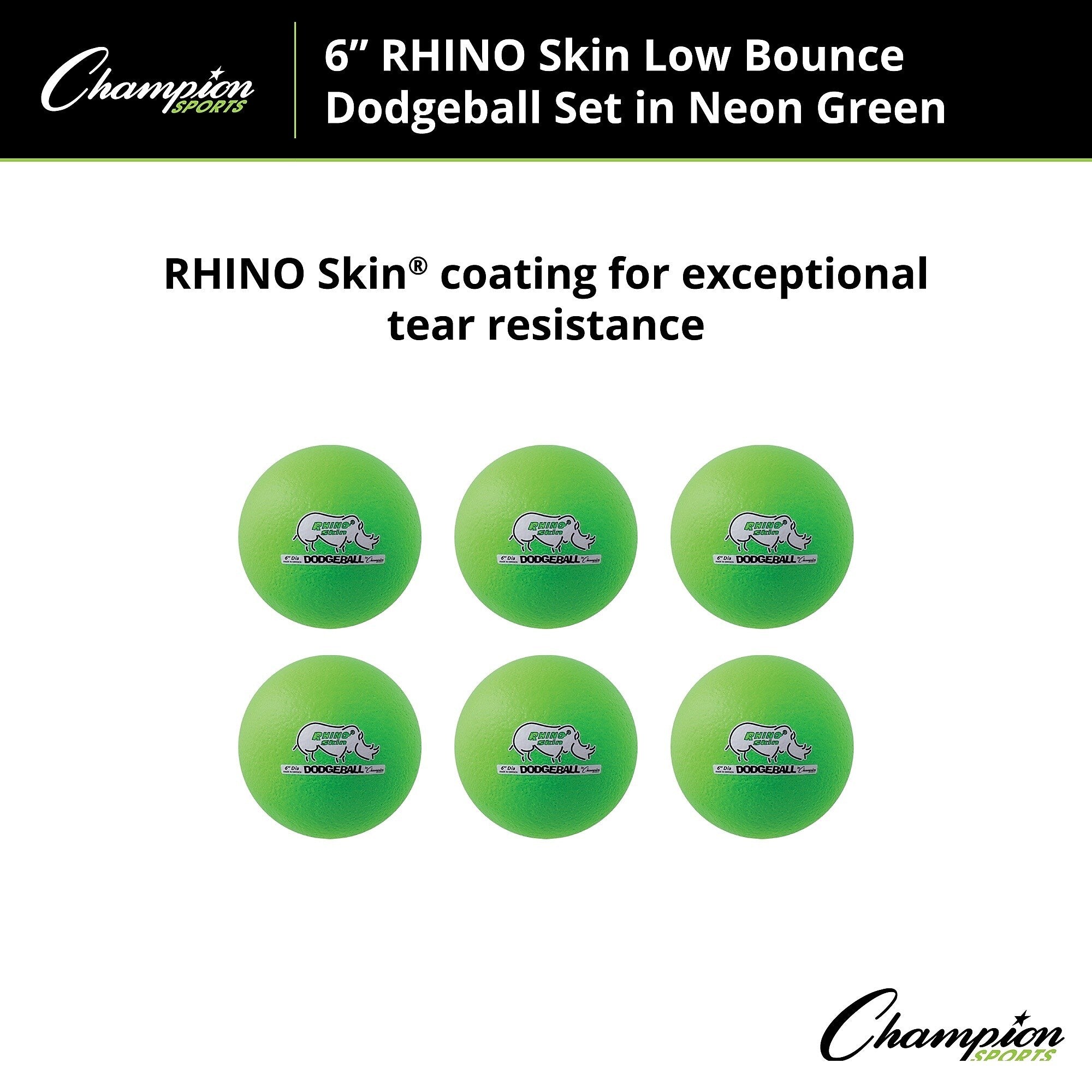 Champion Sports Rhino Skin 6" Foam Dodgeball Set, Neon Green, 6/Set (CHSRXD6NGSET)